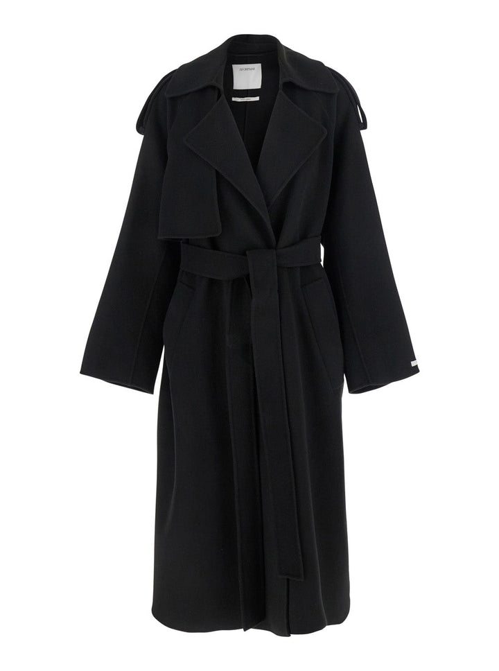 Sportmax Women 'Fiore' Black Double-Breasted Coat With Wide Notched Revers And Belt Closure In Wool Woman