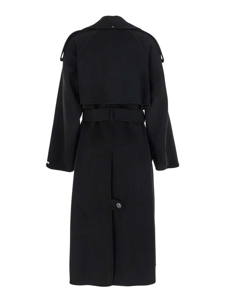 Sportmax Women 'Fiore' Black Double-Breasted Coat With Wide Notched Revers And Belt Closure In Wool Woman