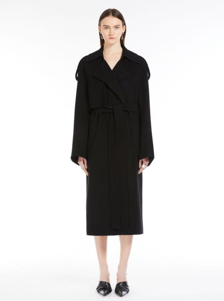 Sportmax Women 'Fiore' Black Double-Breasted Coat With Wide Notched Revers And Belt Closure In Wool Woman