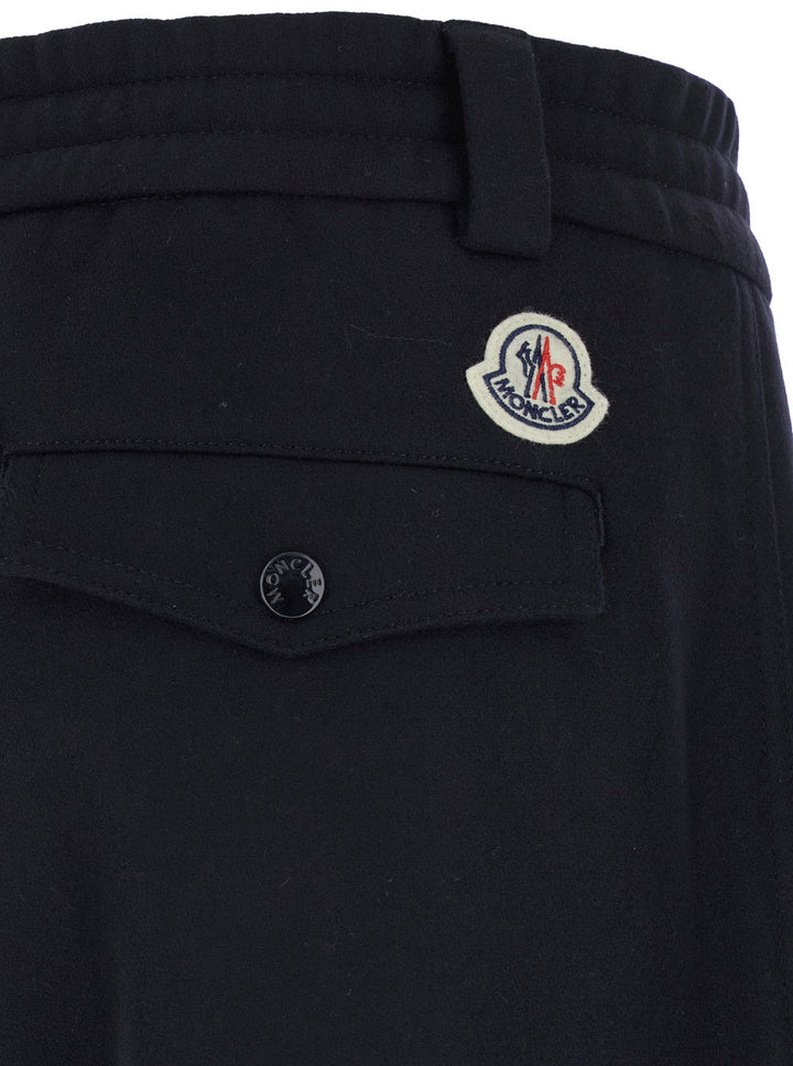 Moncler Men Blue Pants With Drawstring Elastic Waist And Logo Patch On The Rear In Wool Man