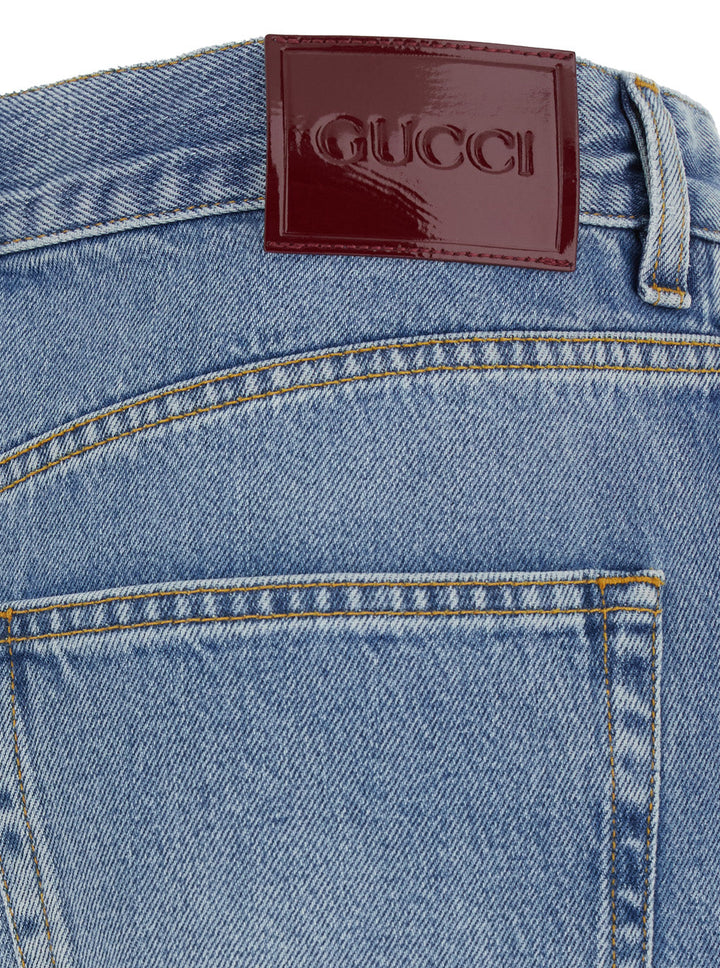 Gucci Women Blue Jeans With Belt Loops And Logo Patch On The Rear In Denim Woman