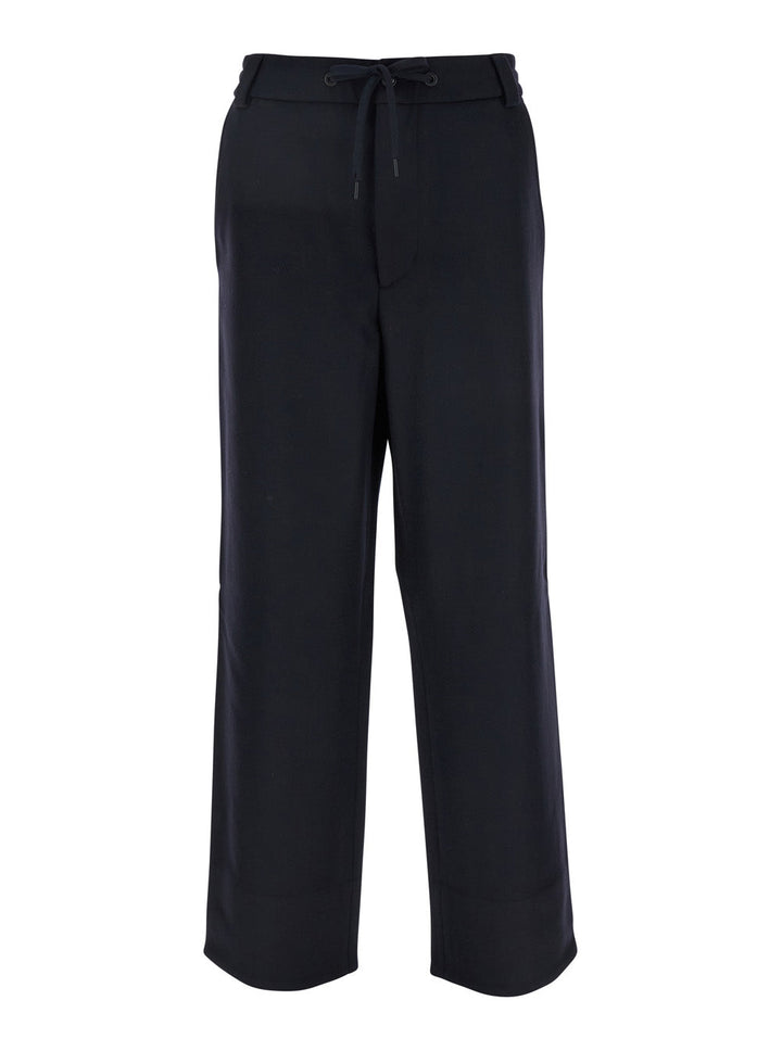 Moncler Men Blue Pants With Drawstring Elastic Waist And Logo Patch On The Rear In Wool Man