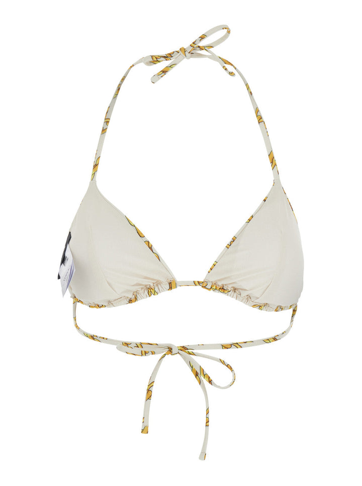 White bikini top with gold floral pattern on a white background