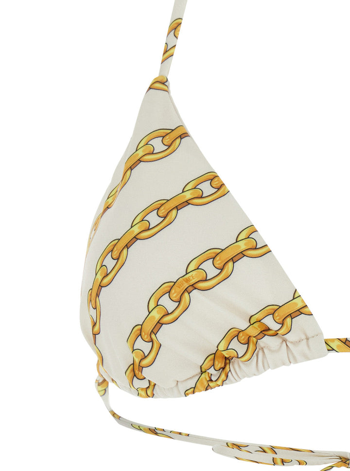 Beige bikini top with gold chain pattern on a white background