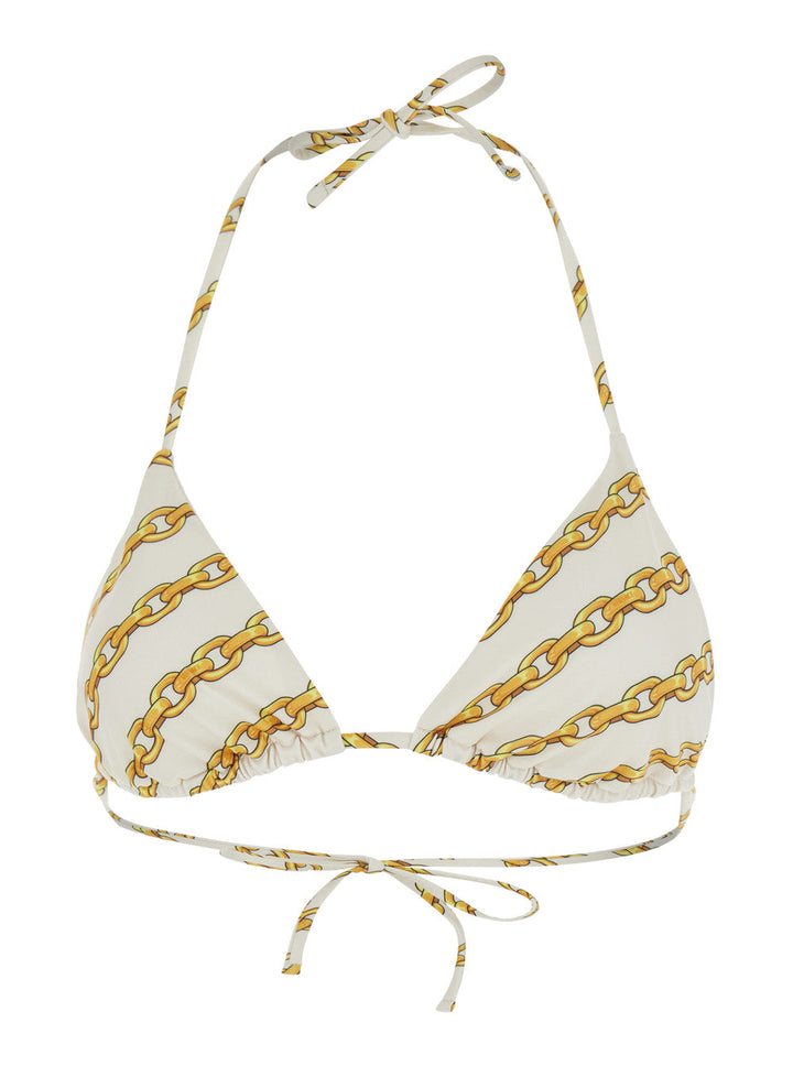 Triangle bikini top with gold chain pattern on a white background