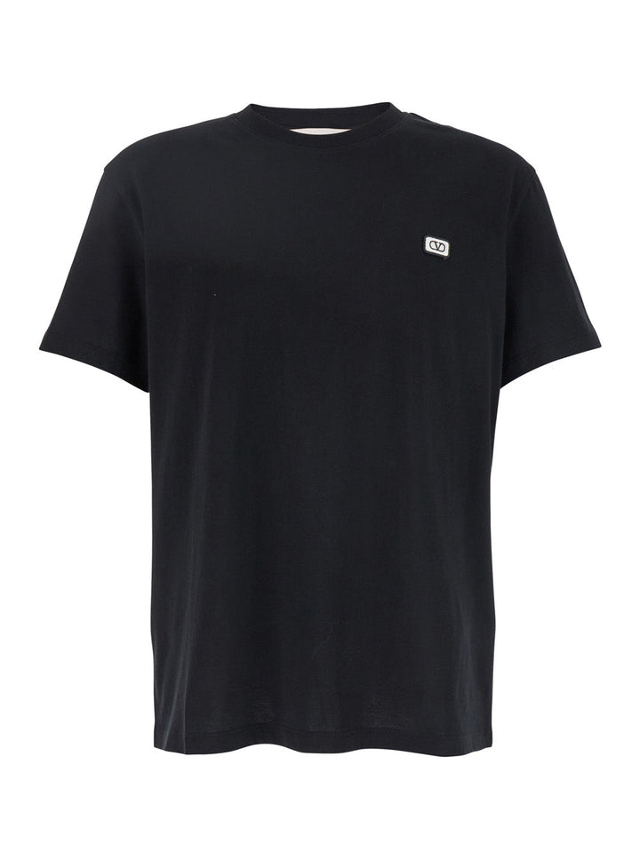 Valentino Men Black Crewneck T-Shirt With Logo Patch On The Front In Cotton Man