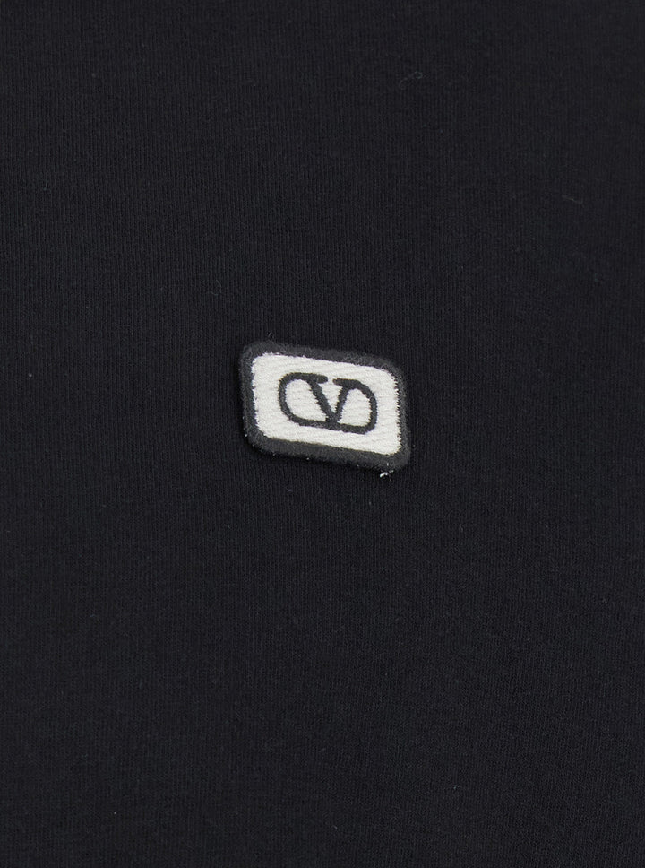 Valentino Men Black Crewneck T-Shirt With Logo Patch On The Front In Cotton Man