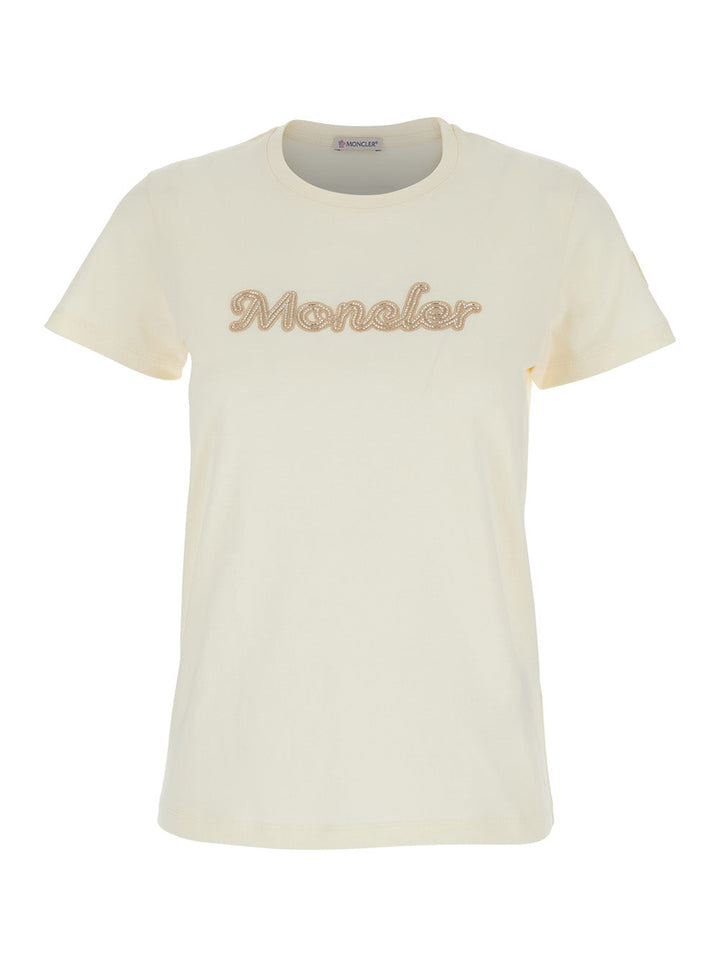 Moncler Women White T-Shirt With Embroidered Logo On The Front And Logo Patch On The Sleeve In Cotton Woman