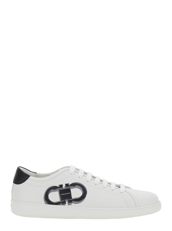 Ferragamo Men White Sneakers With Gancini Print On The Side And Contrasting Heel In Leather Man