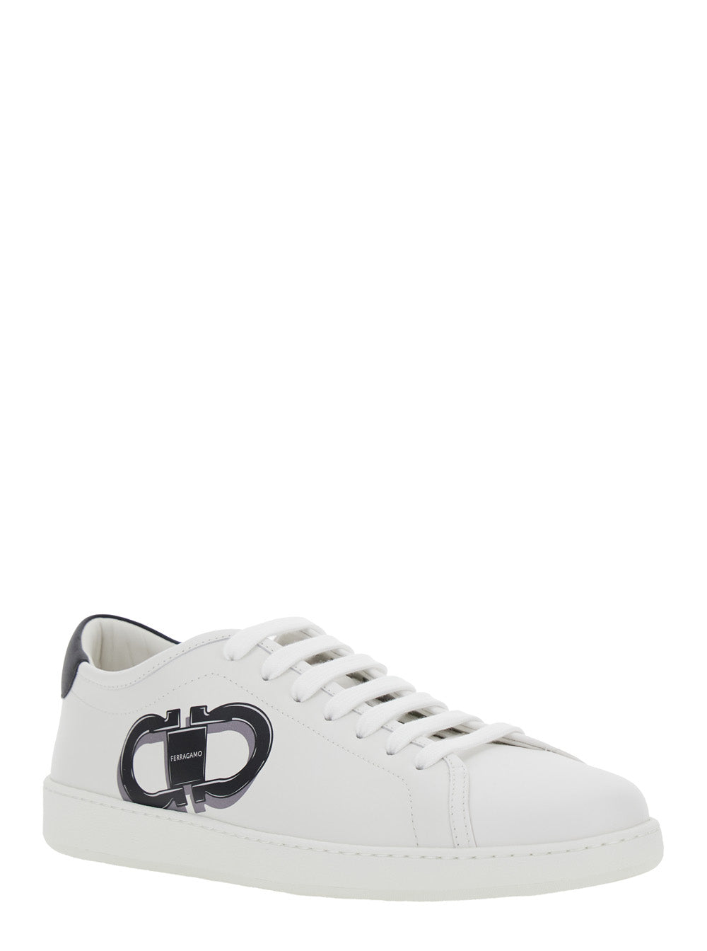 Ferragamo Men White Sneakers With Gancini Print On The Side And Contrasting Heel In Leather Man