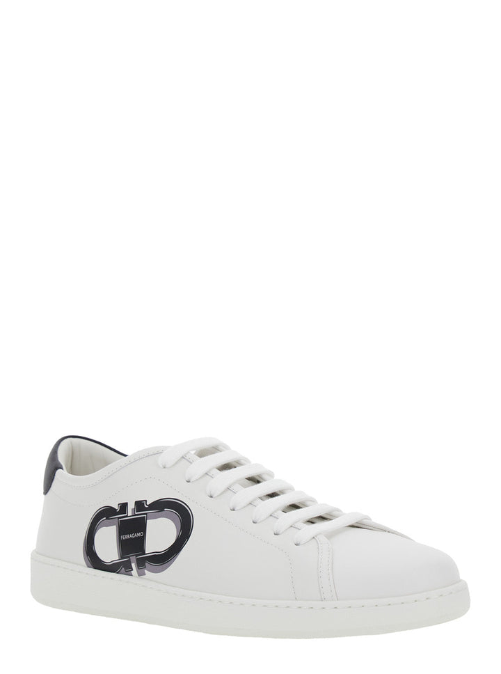 Ferragamo Men White Sneakers With Gancini Print On The Side And Contrasting Heel In Leather Man