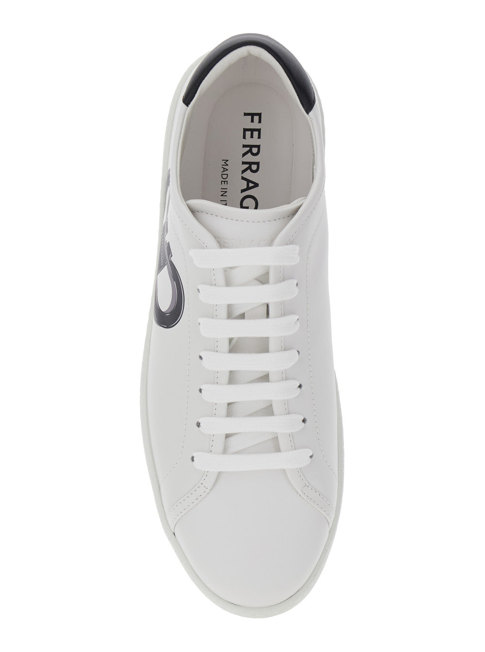Ferragamo Men White Sneakers With Gancini Print On The Side And Contrasting Heel In Leather Man