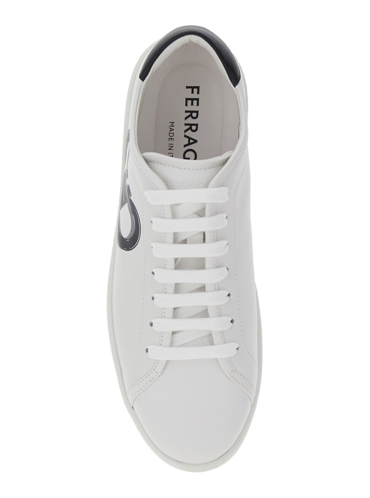 Ferragamo Men White Sneakers With Gancini Print On The Side And Contrasting Heel In Leather Man