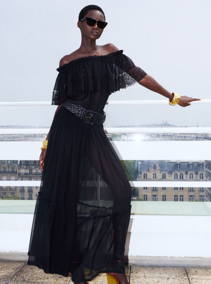 Saint Laurent Women Black Semi-Transparent Skirt With All-Over Ruche In Silk Woman