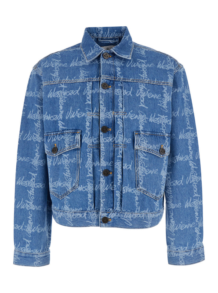 Vivienne Westwood Men 'Marlene' Blue Jacket With All-Over Printed Lettering Logo In Denim Man