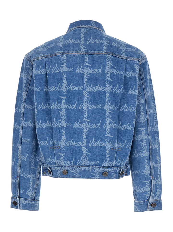 Vivienne Westwood Men 'Marlene' Blue Jacket With All-Over Printed Lettering Logo In Denim Man
