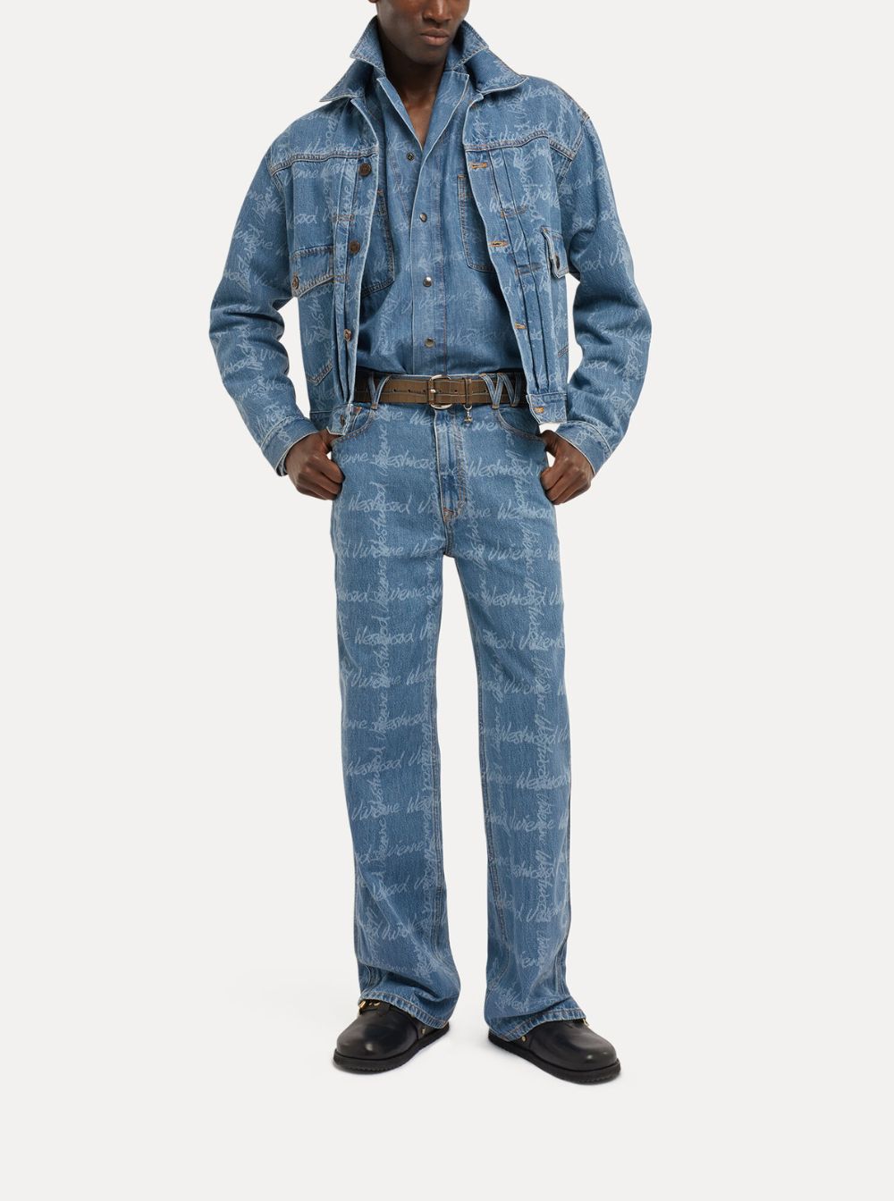 Vivienne Westwood Men 'Marlene' Blue Jacket With All-Over Printed Lettering Logo In Denim Man