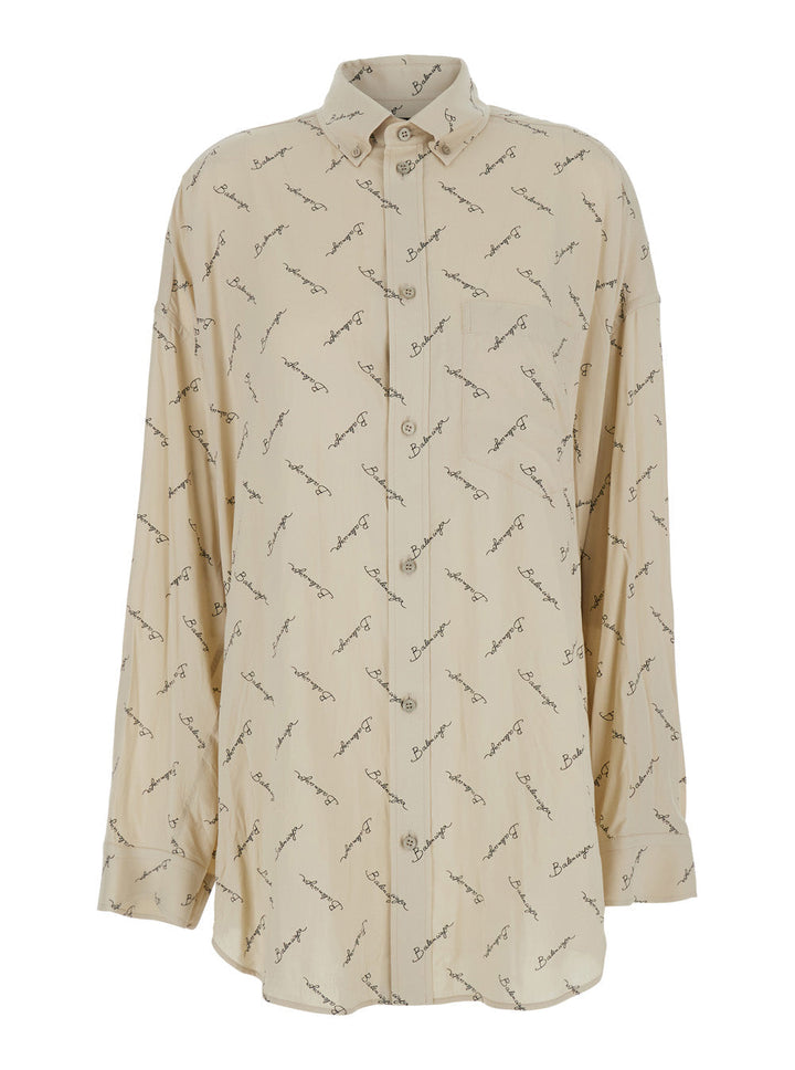 Balenciaga Women Beige Oversized Shirt With All-Over Printed Logo In Viscose Woman