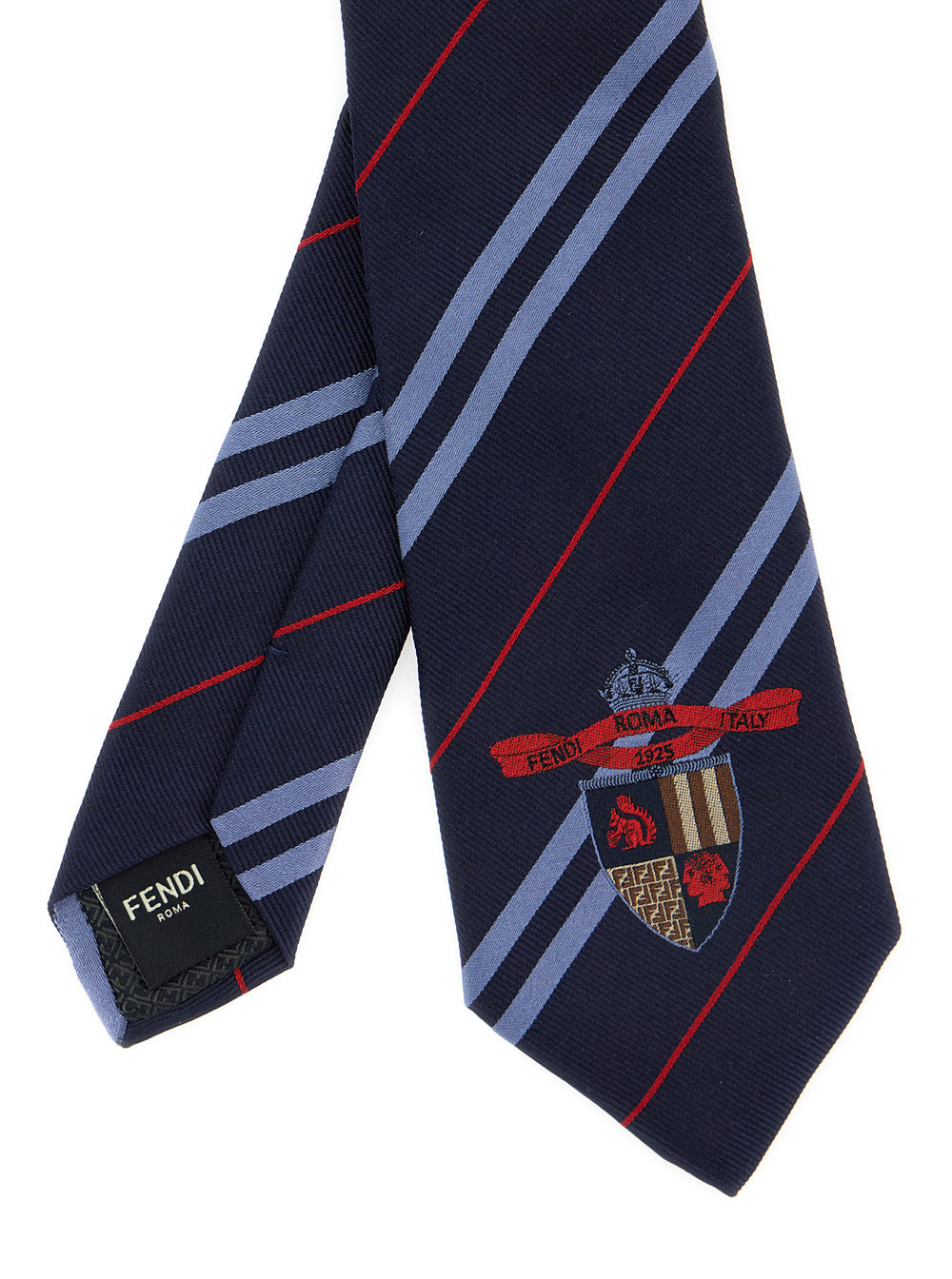 Fendi Men Blue Tie With Logo Detail On The Front And All-Over Striped Motif In Silk Man
