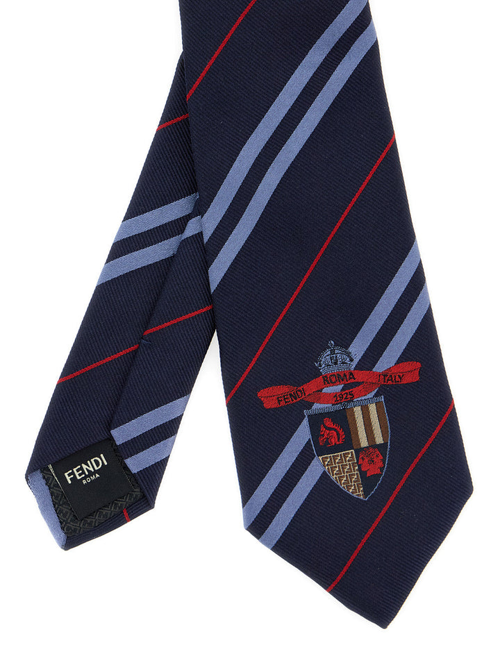 Fendi Men Blue Tie With Logo Detail On The Front And All-Over Striped Motif In Silk Man