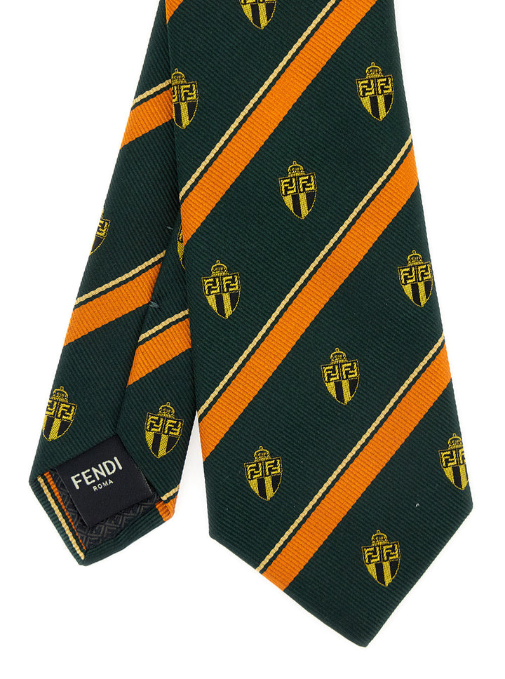 Fendi Men Blue Silk Tie With All-Over Fendi Crest Motif And All-Over Striped Motif In Silk Man