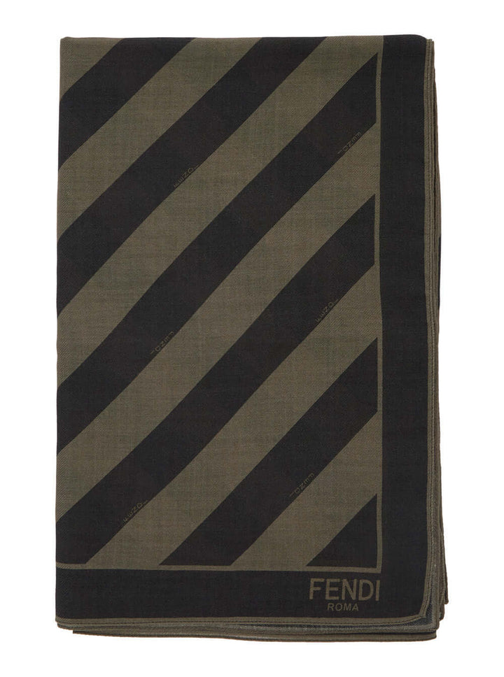 Fendi Men Beige Square Stole With All-Over Striped Motif And Logo Lettering On The Hem In Cotton And Silk Blend Man