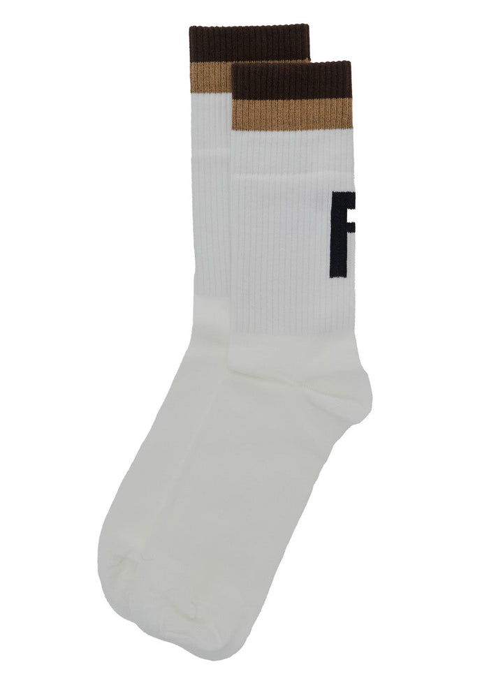 Fendi Men White Socks With Ff Logo Embroidery In Cotton Blend Man