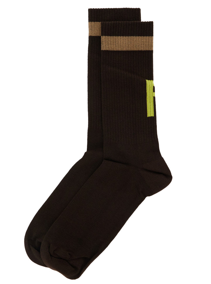 Fendi Men Brown Socks With Ff Logo Embroidery In Cotton Blend Man