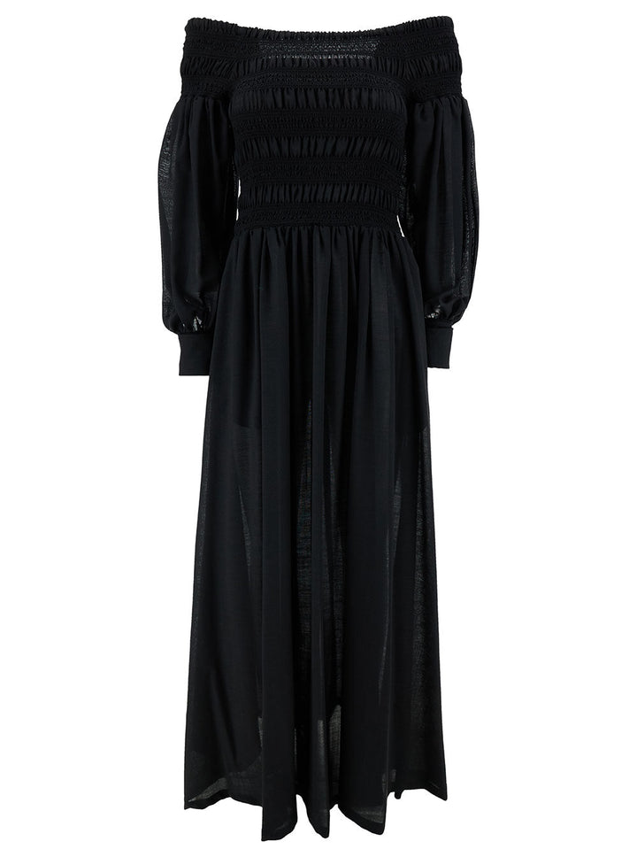 Max Mara Women 'Manu' Long Black Off-Shoulder Dress With Puff Sleeves In Lightweight Wool Woman