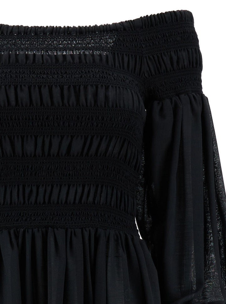 Max Mara Women 'Manu' Long Black Off-Shoulder Dress With Puff Sleeves In Lightweight Wool Woman