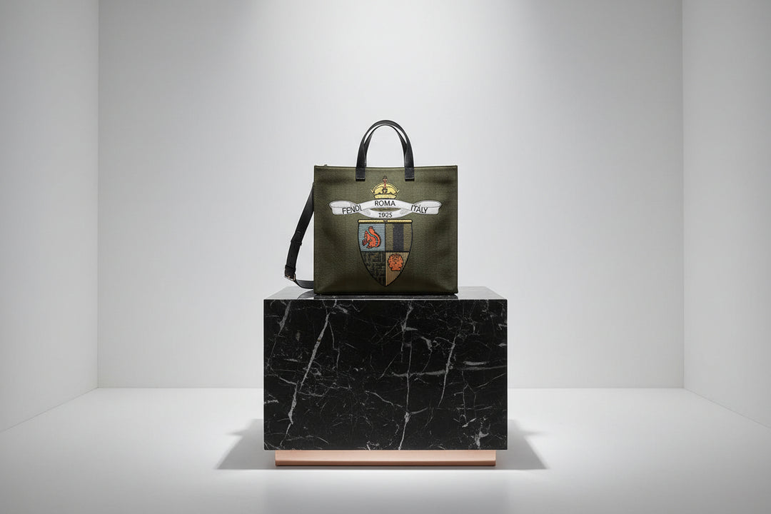 Green tote bag with Fendi logo and branding on a white background