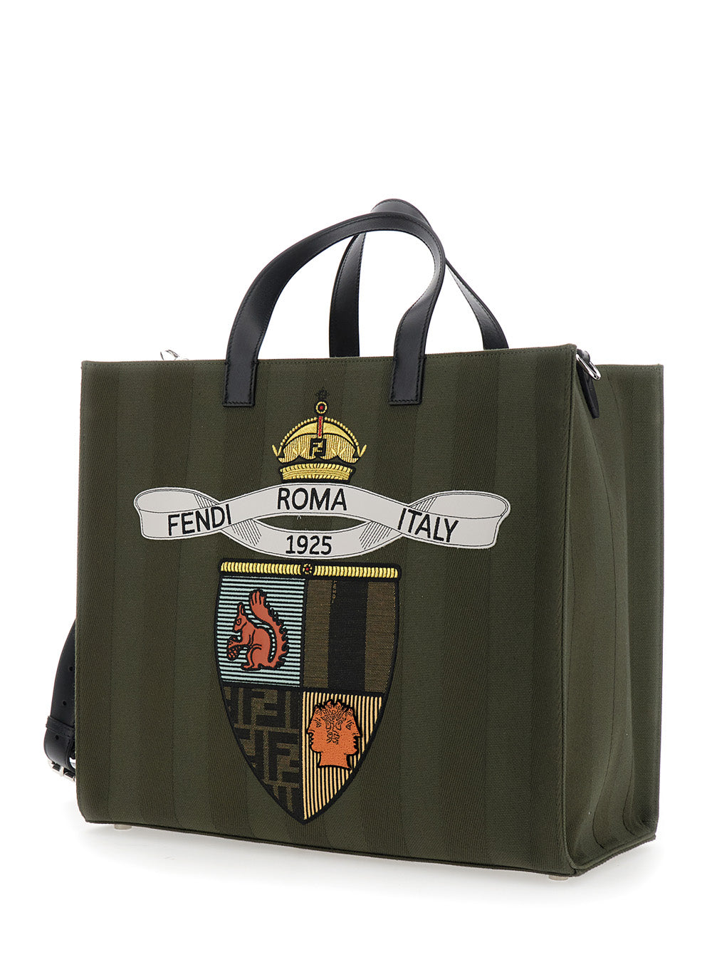 Green tote bag with Fendi logo and emblem on a white background