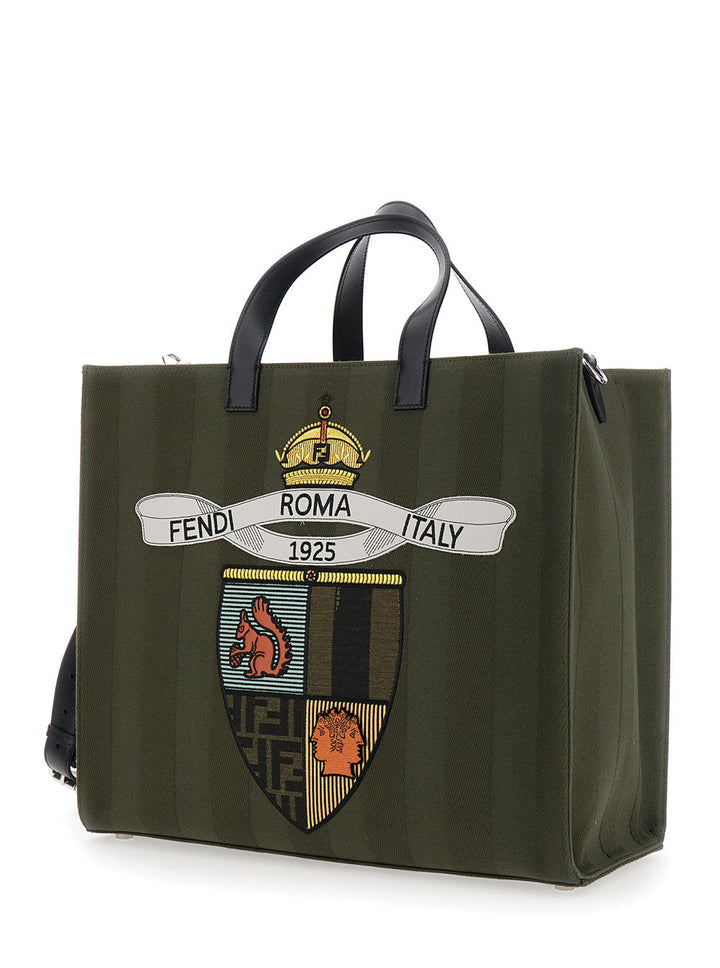 Green tote bag with Fendi logo and emblem on a white background
