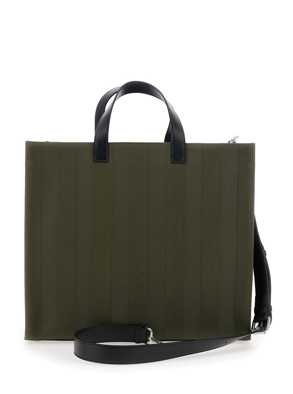 Green tote bag with black handles and strap on a white background