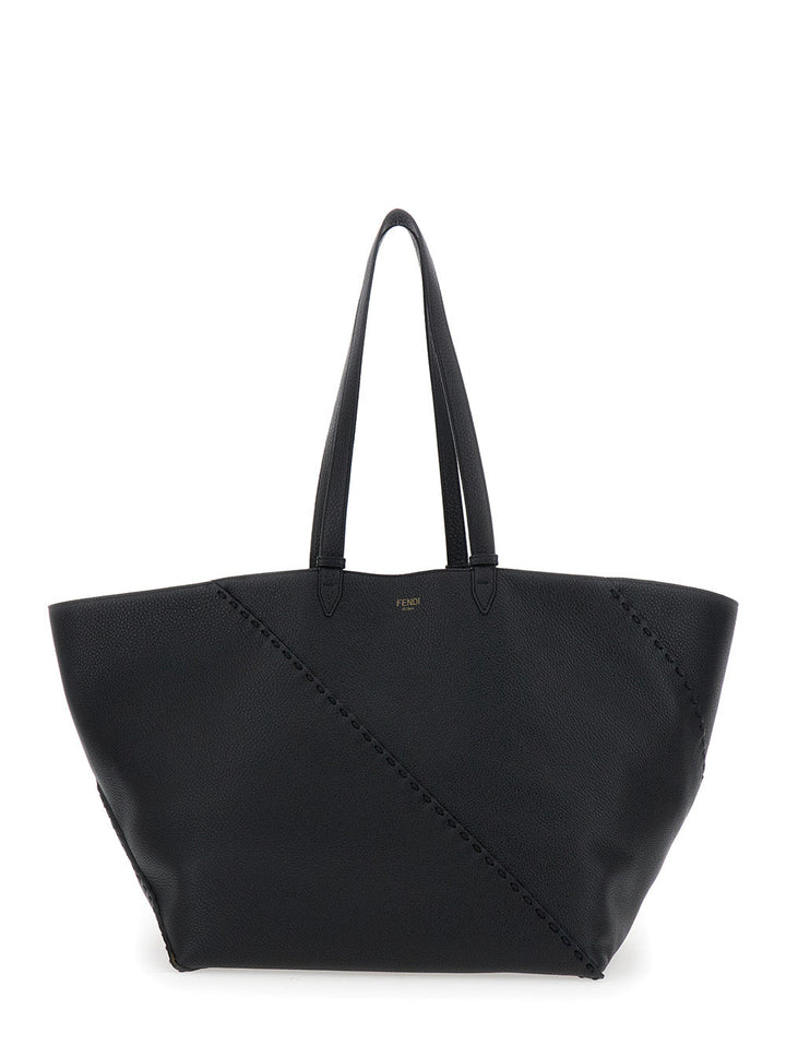 Fendi Men 'Selleria' Black Shopper With Logo On The Front And Removable Pouch In Hammered Leather Man