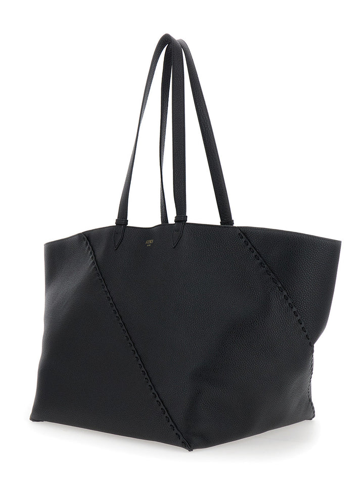 Fendi Men 'Selleria' Black Shopper With Logo On The Front And Removable Pouch In Hammered Leather Man