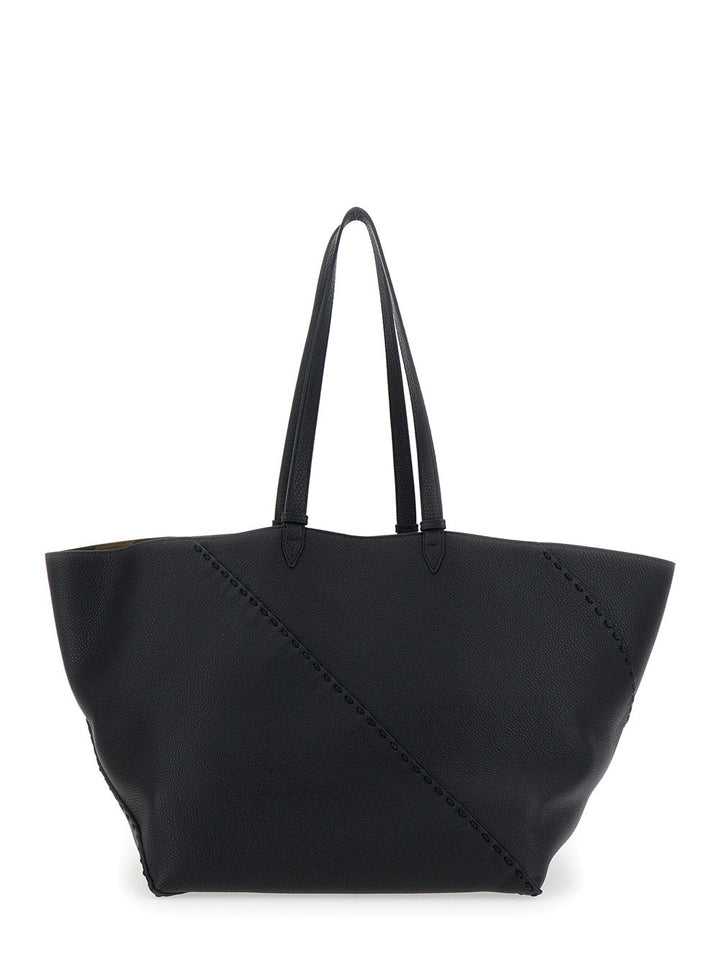 Fendi Men 'Selleria' Black Shopper With Logo On The Front And Removable Pouch In Hammered Leather Man