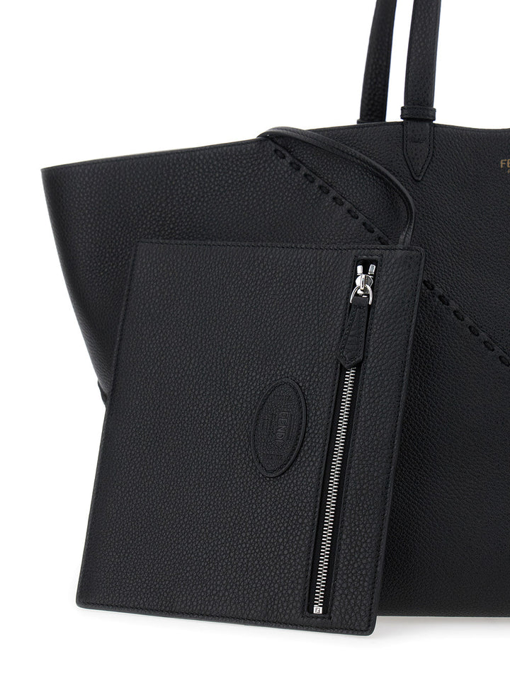Fendi Men 'Selleria' Black Shopper With Logo On The Front And Removable Pouch In Hammered Leather Man