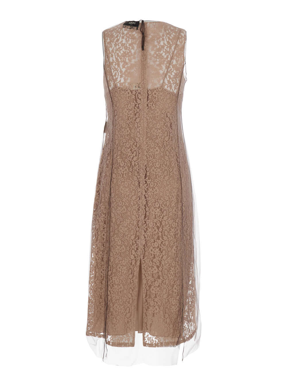 Fendi Women Beige Sleeveless Crewneck Dress With Floral Embroidery In Lace Woman