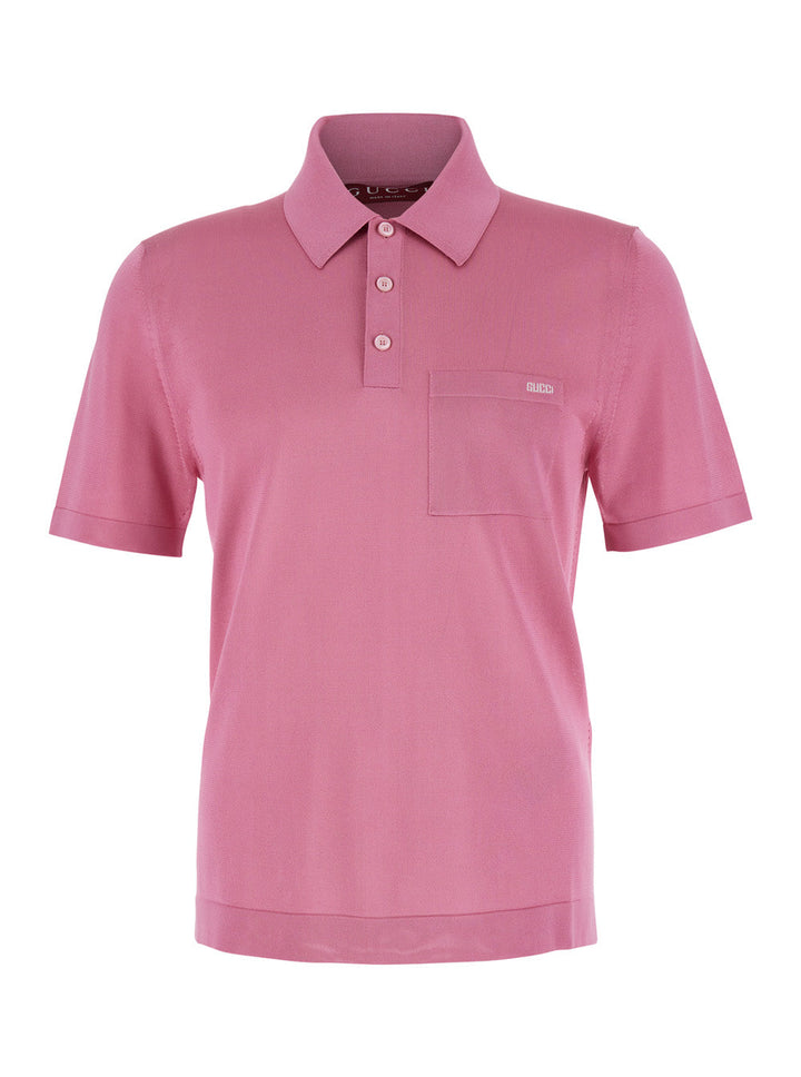 Gucci Men Pink Polo Shirt With Chest Pocket And Embroidered Logo On The Front In Fine Silk Knit Man