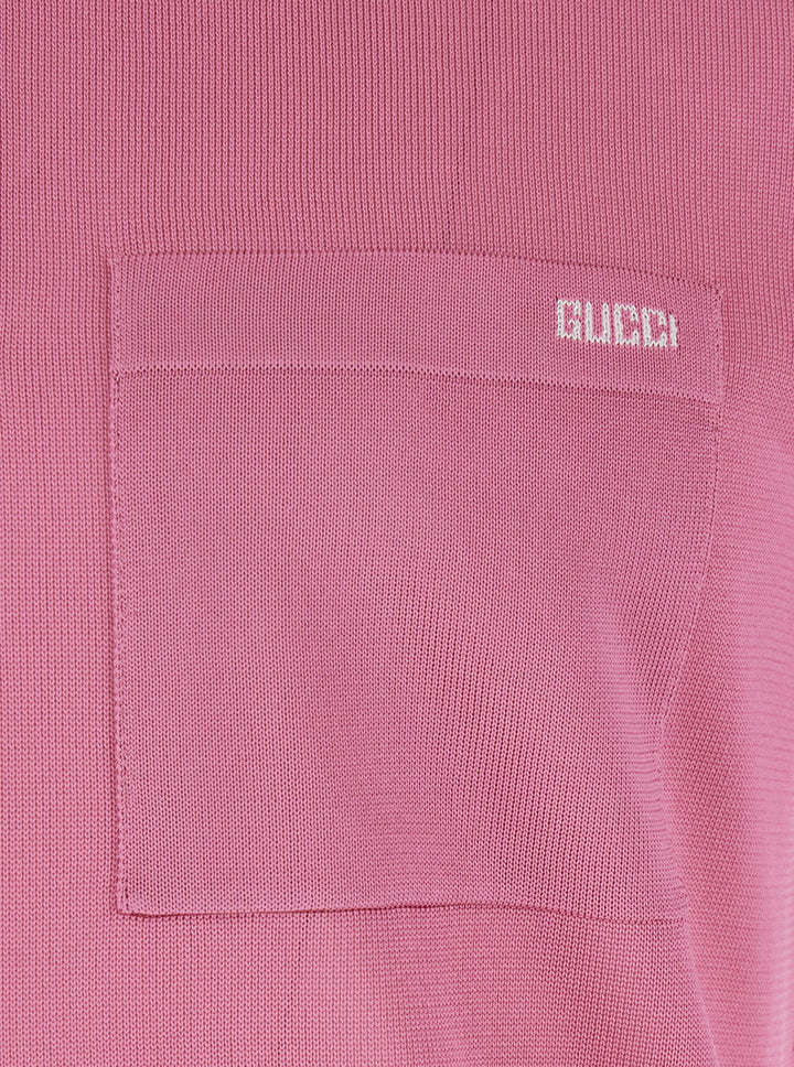 Gucci Men Pink Polo Shirt With Chest Pocket And Embroidered Logo On The Front In Fine Silk Knit Man