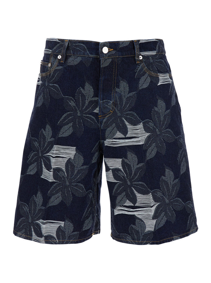 Gucci Men Blue Bermuda Shorts With All-Over Floral Embroidery And Logo Patch On The Back In Denim Man