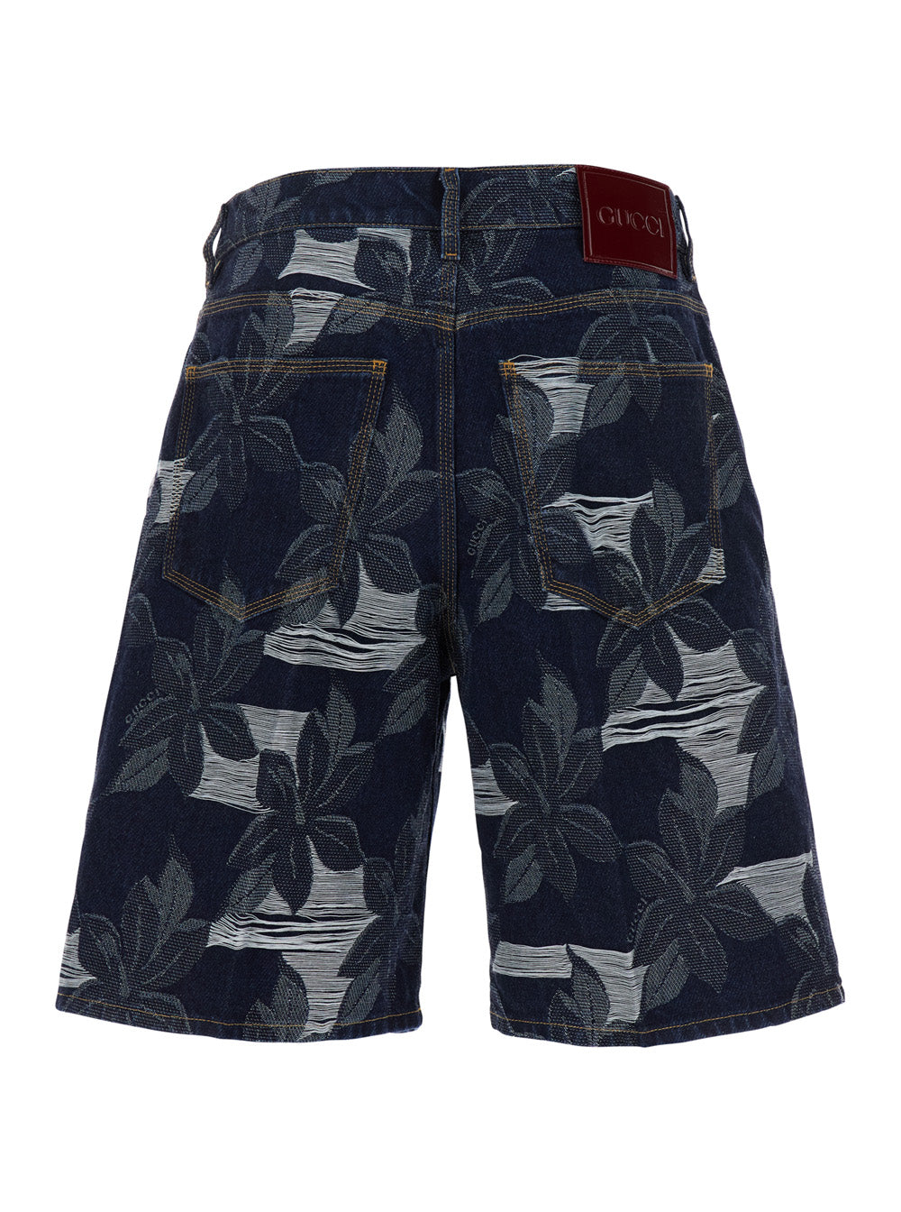 Gucci Men Blue Bermuda Shorts With All-Over Floral Embroidery And Logo Patch On The Back In Denim Man