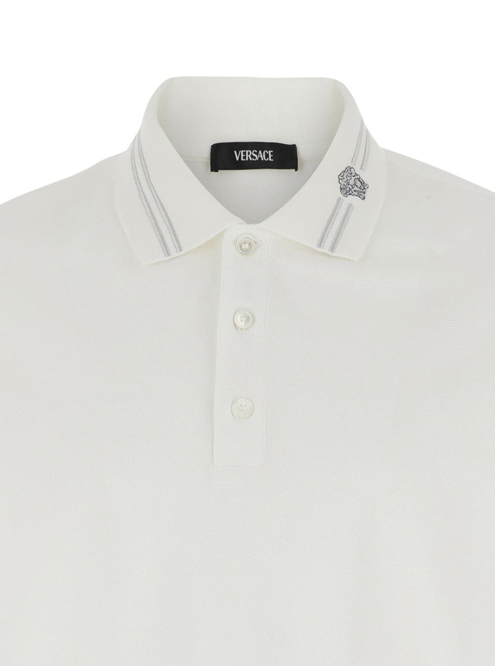 Versace Men White Polo Shirt With Medusa Detail On The Collar In Cotton Man