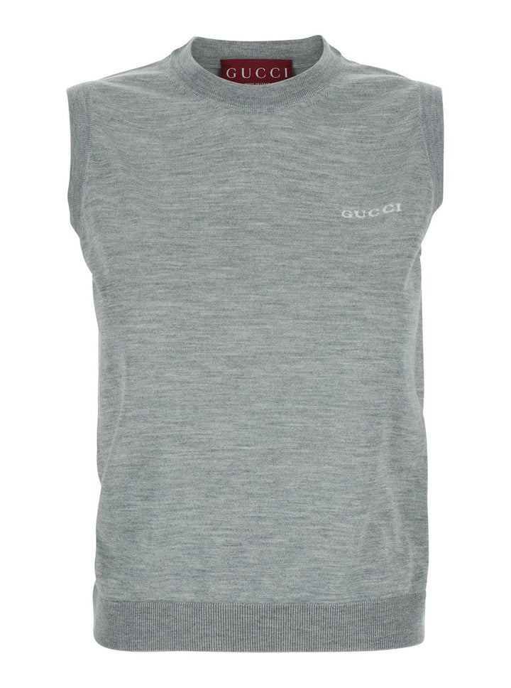 Gucci Women Grey Sleeveless Sweater With Logo On The Front In Cashmere Woman