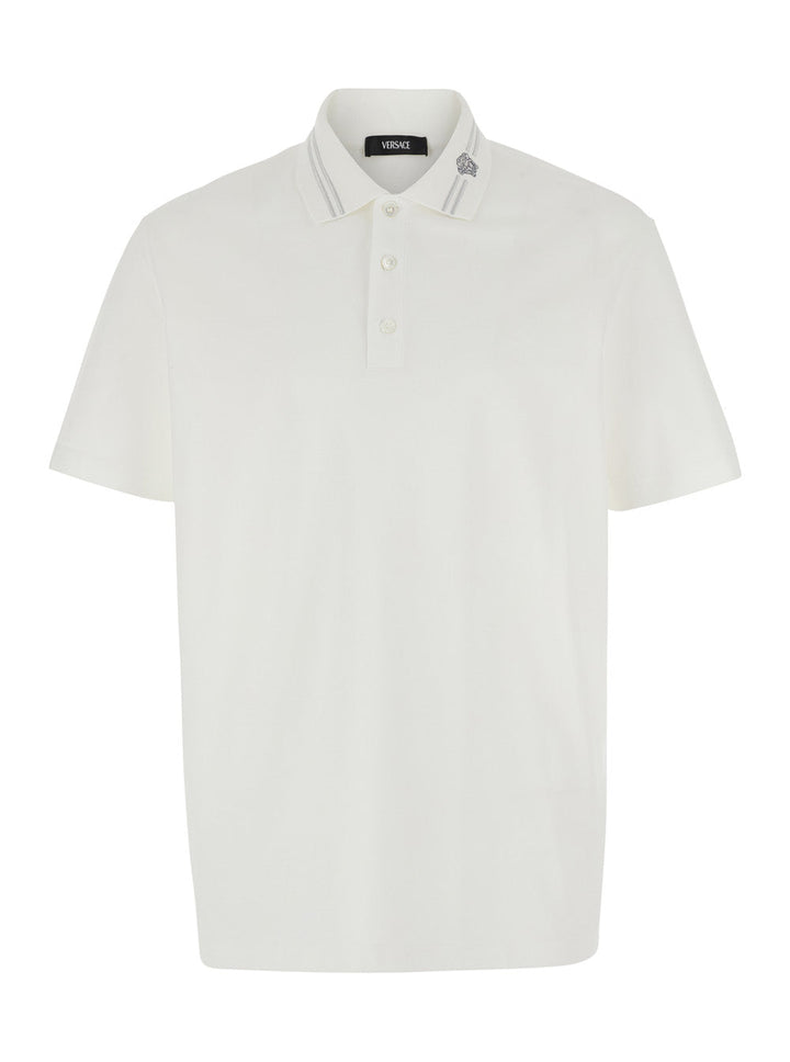 Versace Men White Polo Shirt With Medusa Detail On The Collar In Cotton Man