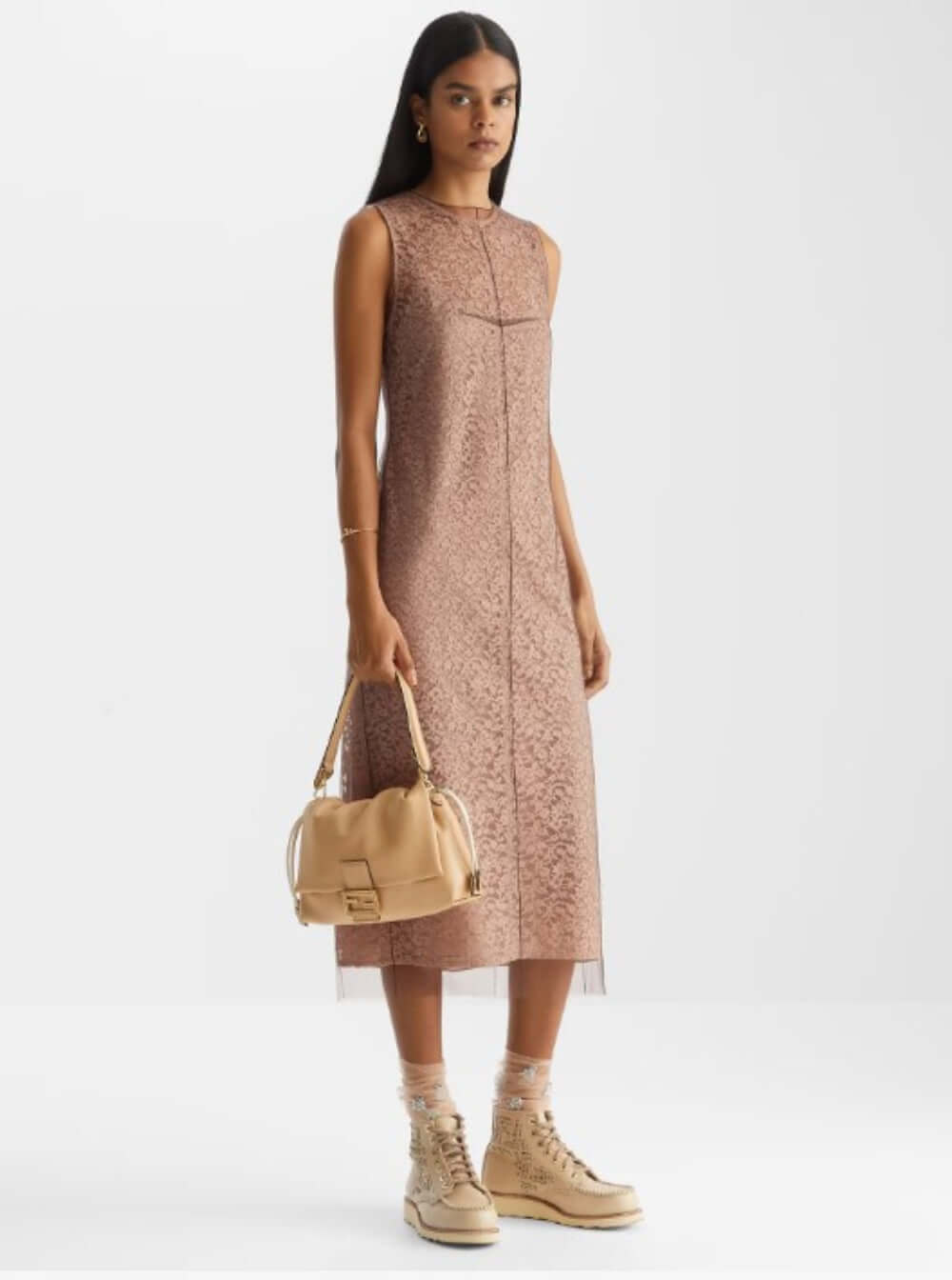 Fendi Women Beige Sleeveless Crewneck Dress With Floral Embroidery In Lace Woman