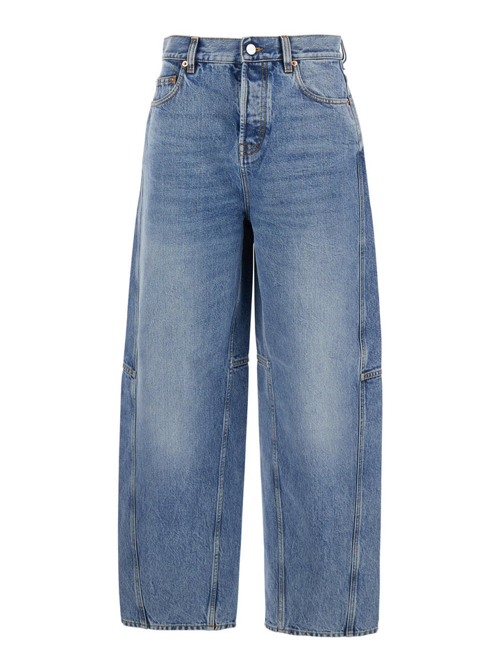 Gucci Women Blue Jeans With Logo Patch On The Rear And Wide Leg In Denim Woman