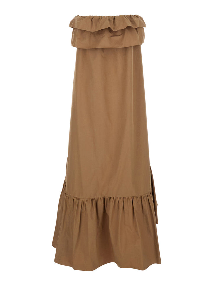 Saint Laurent Women Beige Long Dress With Bustier Neckline And Ruffled Skirt In Cotton Woman