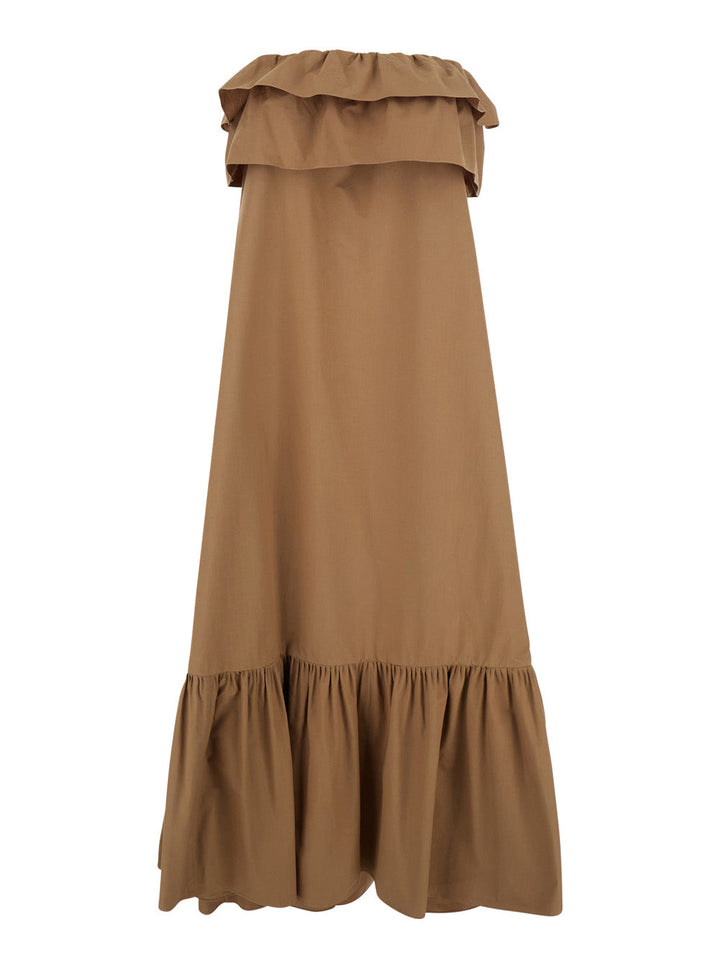Saint Laurent Women Beige Long Dress With Bustier Neckline And Ruffled Skirt In Cotton Woman